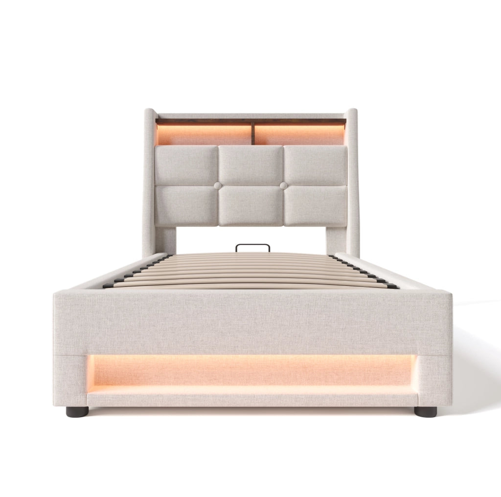 Letto imbottito 90x200 cm con LED e USB; lino beige (Senza materasso)