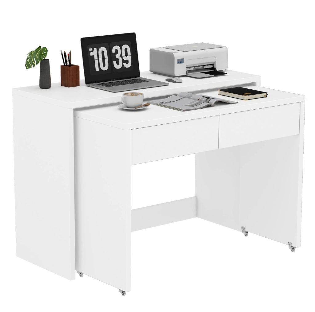 Scrivania pieghevole 110x40x78 cm 2-in-1 con ruote; truciolato bianco