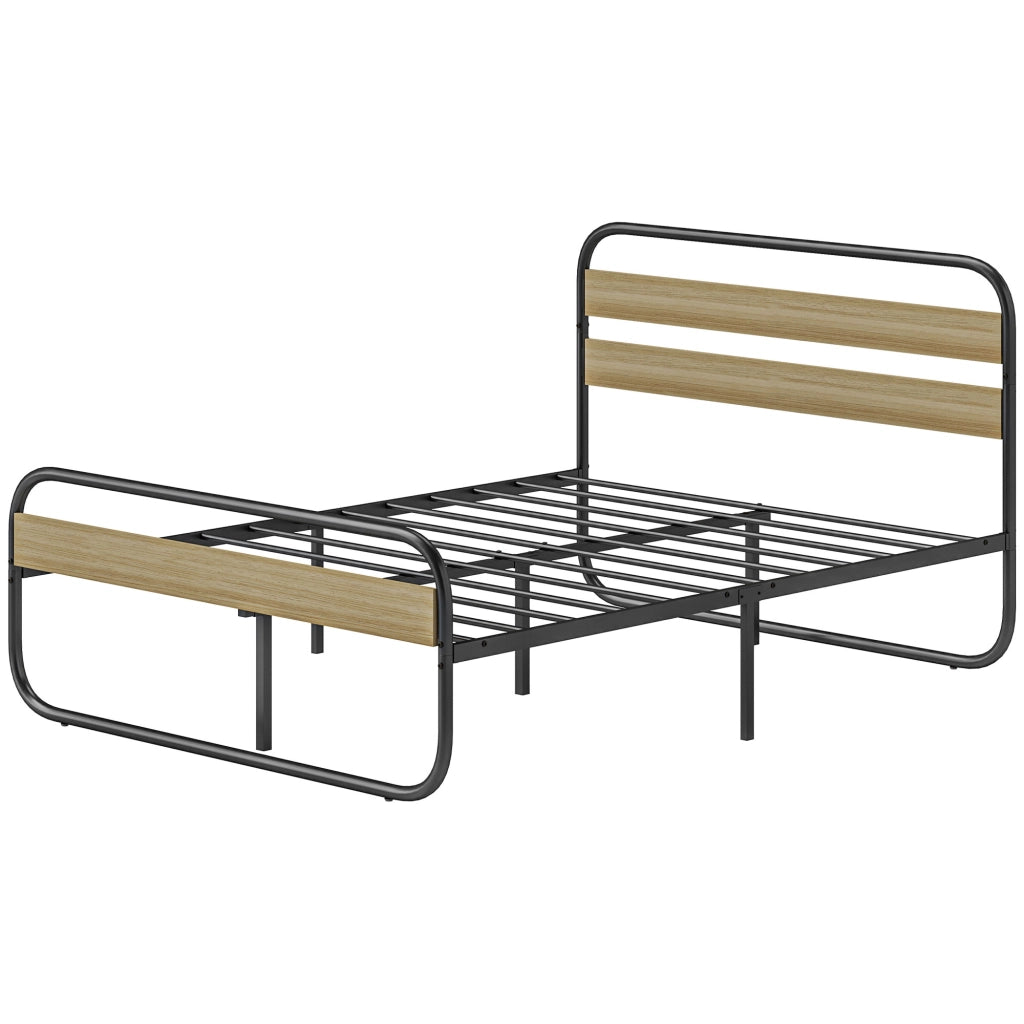 Letto Matrimoniale ¨C Zephmum ¨C Struttura in Acciaio Stile Industriale con Testiera e Rete, Aspetto Legno 140x190 cm