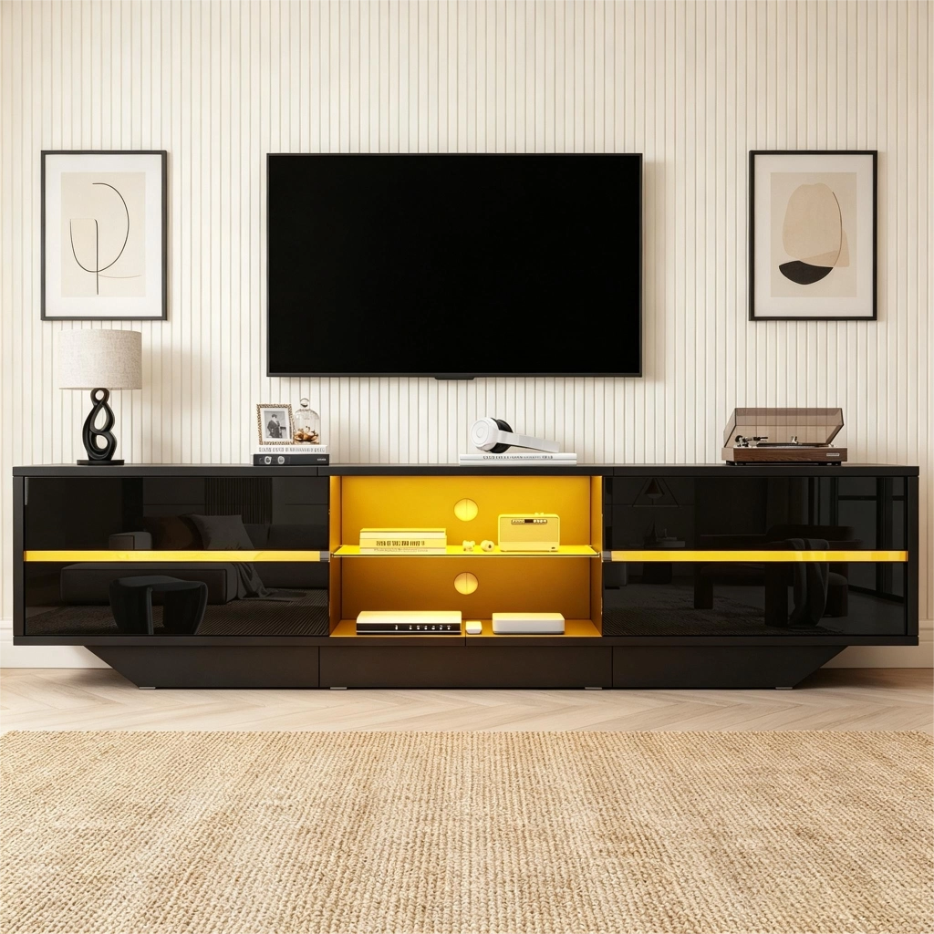Mobile TV lucido nero 160¡Á35¡Á44,5 cm con illuminazione LED RGB, 4 vani e ante a ribalta