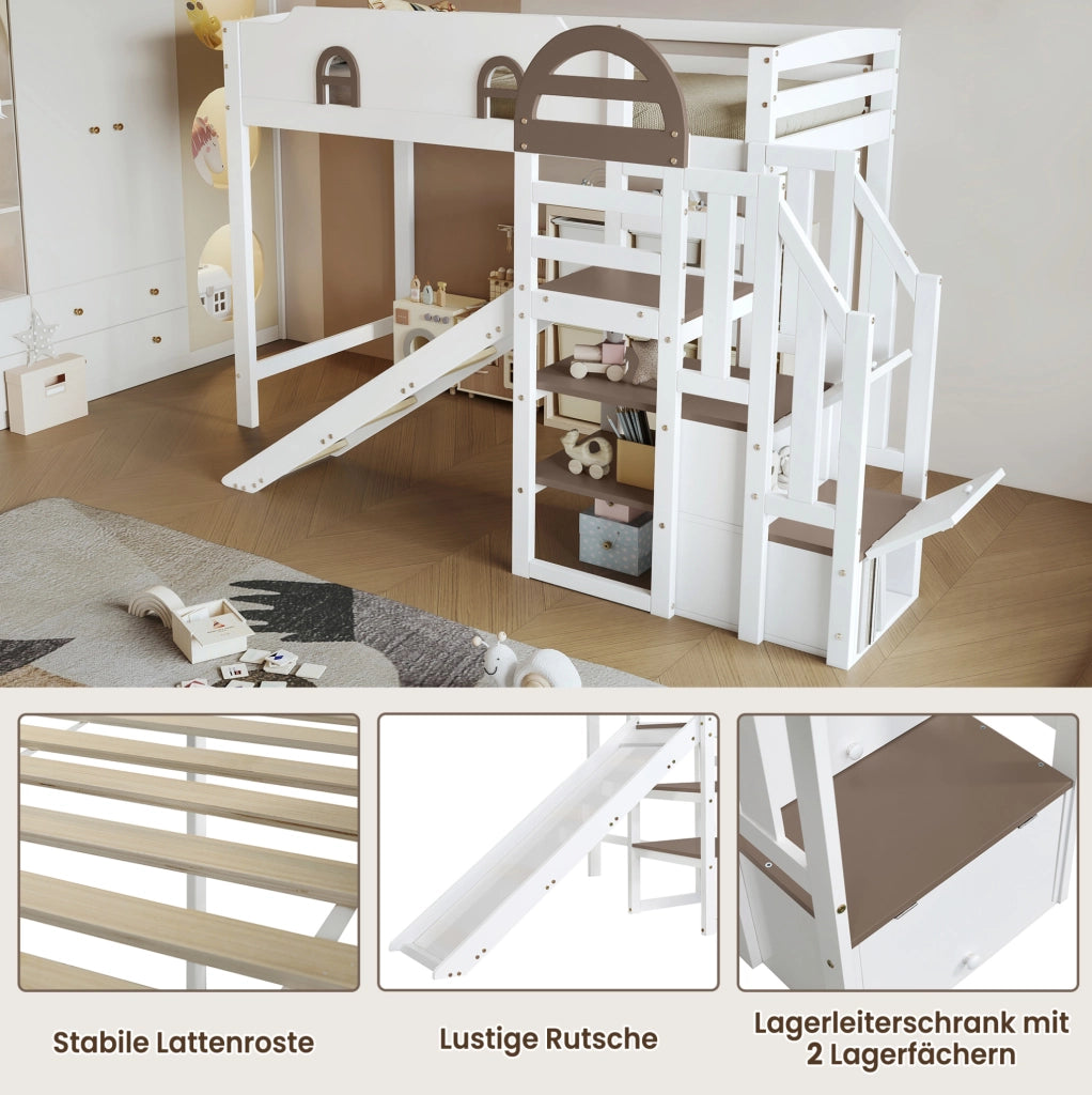 Letto a soppalco per bambini 90x200 cm con scivolo e scala