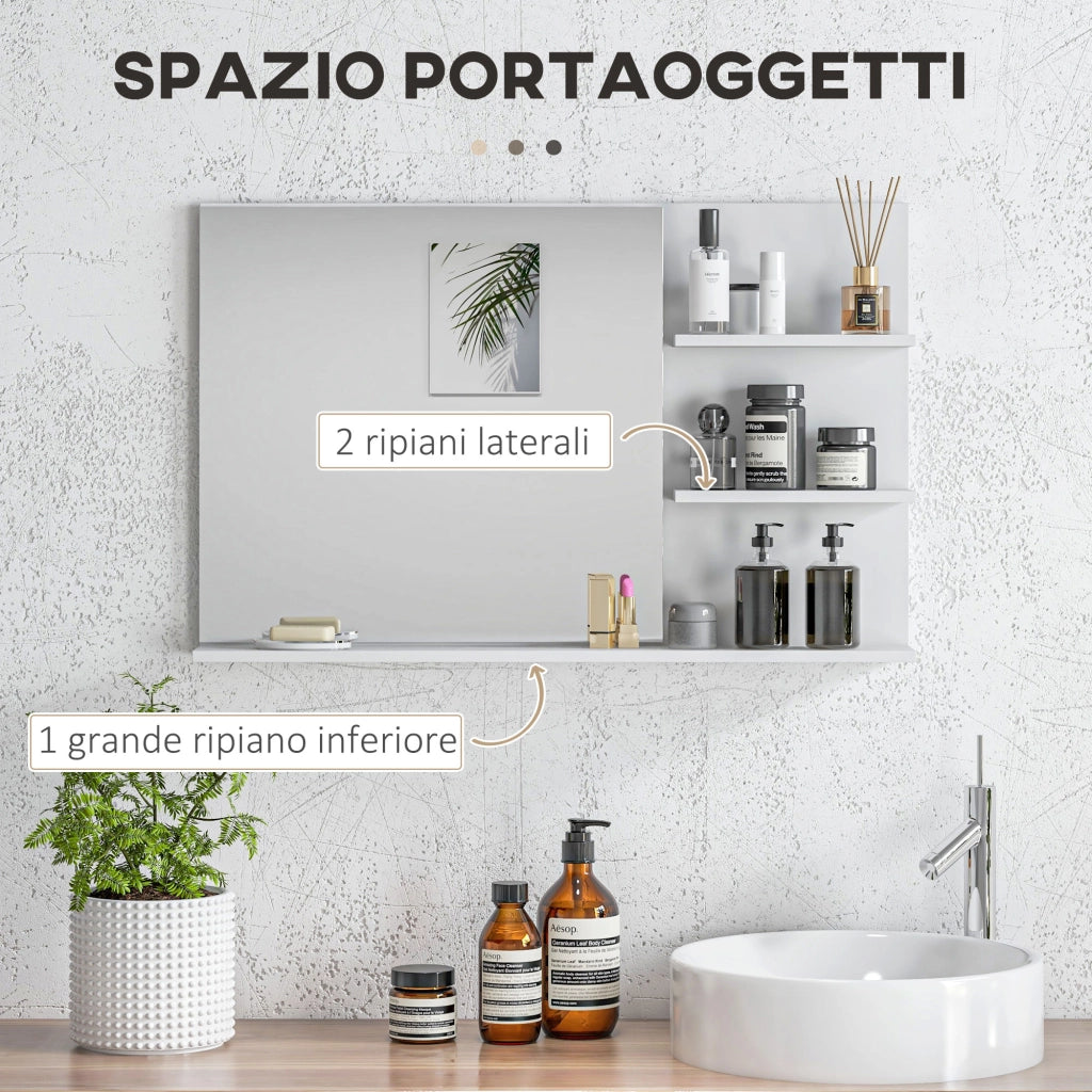 Specchio da Bagno a Parete con 2 Ripiani Laterali e Ripiano Inferiore, in MDF e Vetro, 75x10x48 cm, Bianco
