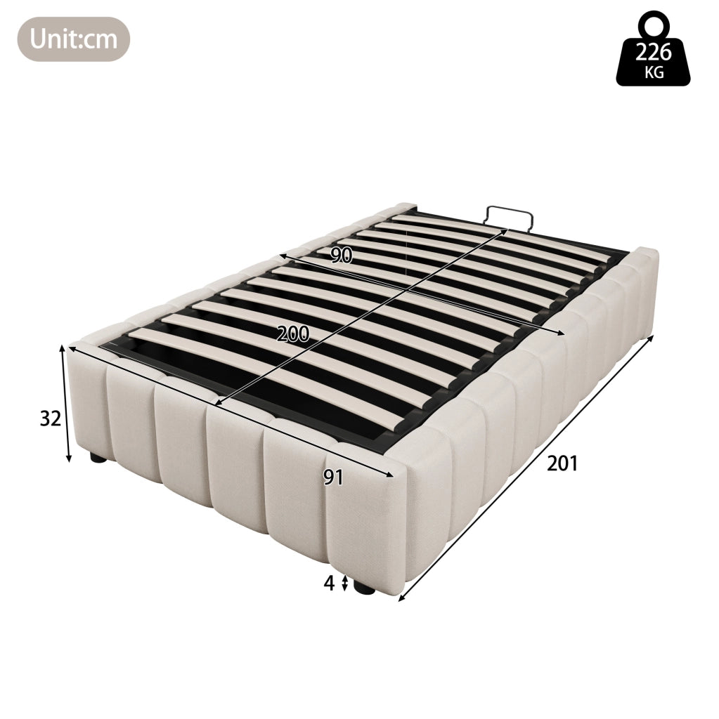 Letto imbottito 90x200 cm con contenitore idraulico; senza testiera; in lino beige