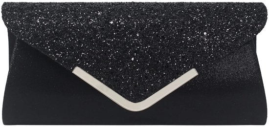 Borsa a Tracolla con Glitter per Donna, Tasca da Sera, Modella con Schiena, Borsa a Manica, Nero