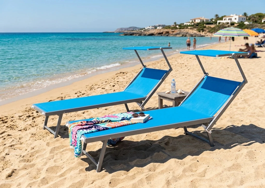 Coppia Lettino Prendisole Pieghevole Blu Sdraio Alluminio con Parasole Mare Giardino Piscina Tessuto Traspirante