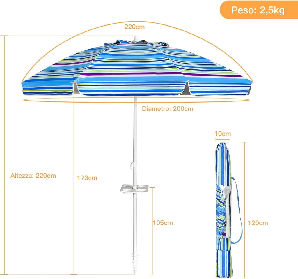 Ombrellone da Spiaggia 200 x 220 cm, Ombrellone da Mare con Inclinazione Regolabile, con Vassoio, 8 Stecche, Protezione UV, Impermeabile, Borsa di Trasporto (Blu)
