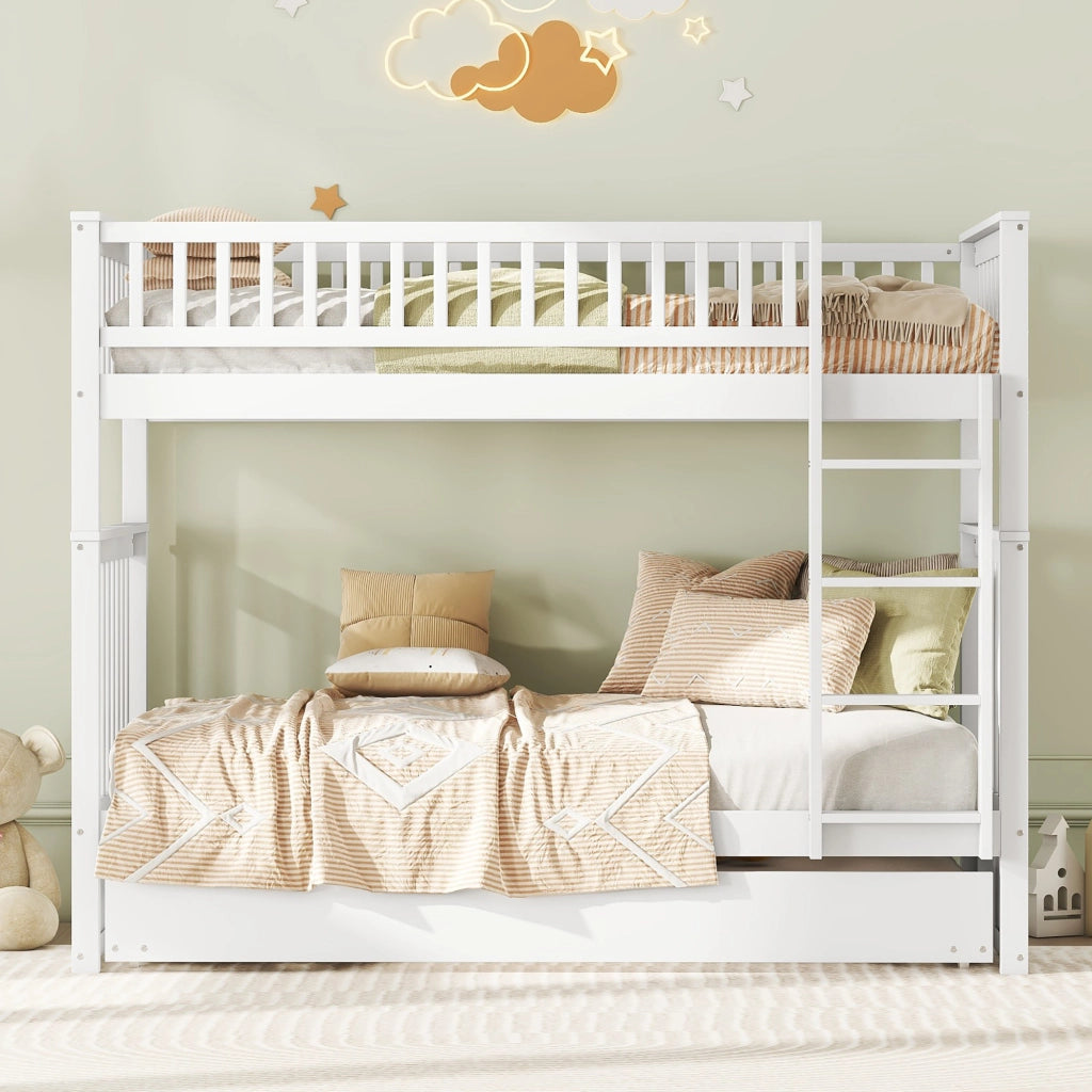 OKWISH Letto a Castello 90×200 cm, Letto 3 Posti con Letto Estraibile, Scala e Sponde Alte, senza Materasso, in Pino, Bianco