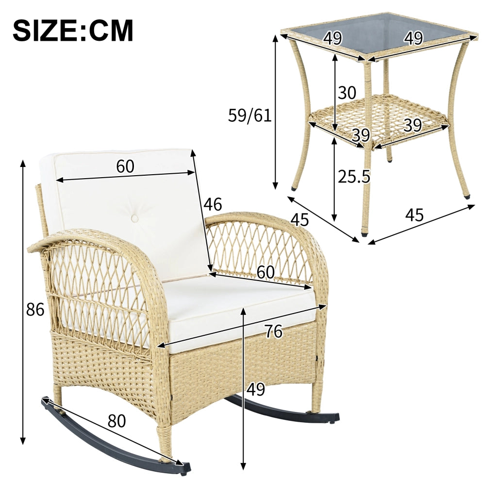 2 Sedie a Dondolo da Giardino con Tavolo; Schienale Alto e Piano in Vetro; Rattan e Metallo; Beige