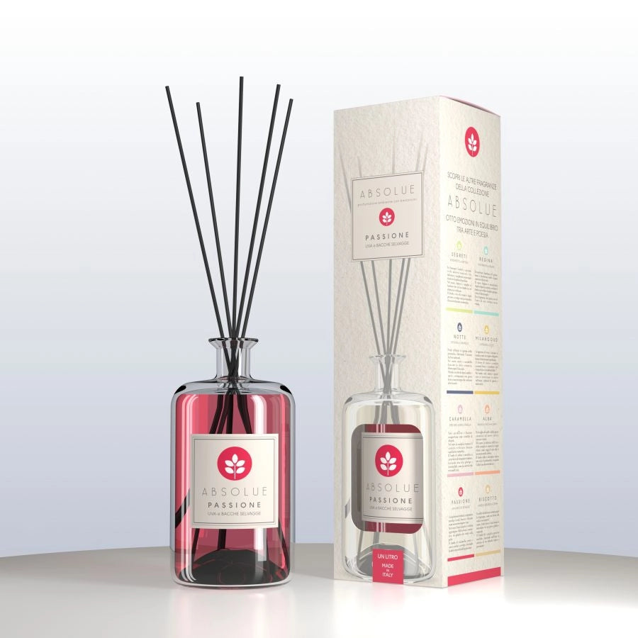 DIFFUSORE CON BASTONCINI ABSOLUTE PASSIONE UVA E BACCHE SELVAGGE 1 LITRO MADE IN