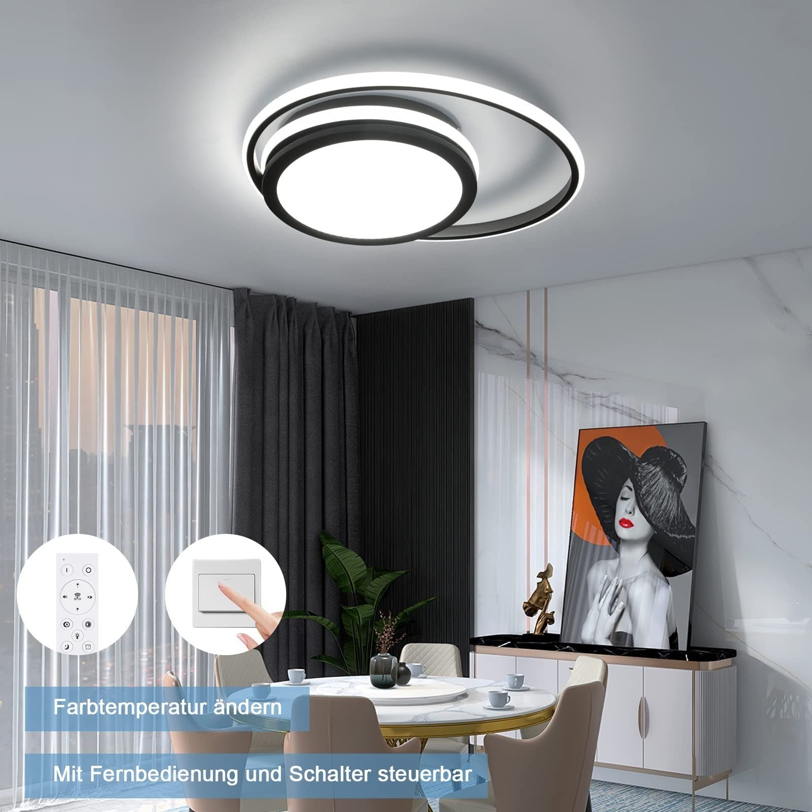 ZMH Lampada da soffitto plafoniera LED moderna 2 anelli 56W stella telecomando