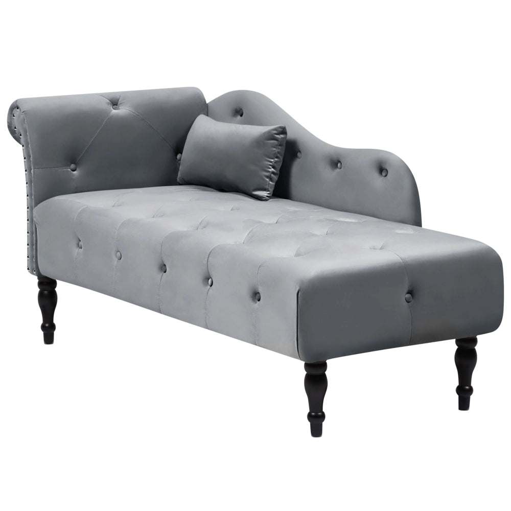 Chaise longue in velluto grigio imbottito con rivestimento a sinistra e cuscino in stile retrò tradizionale