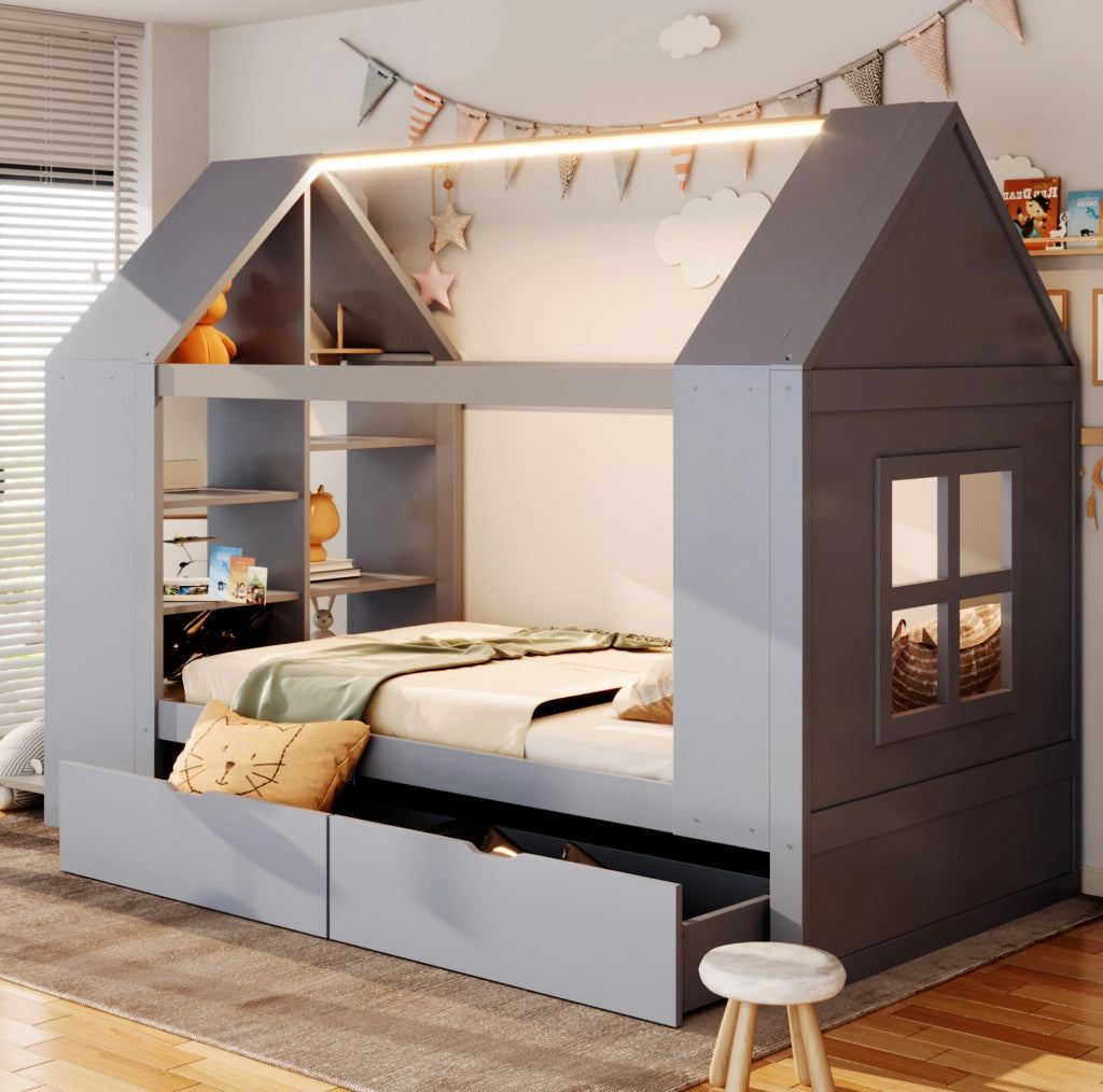 Letto per bambini a casetta 90 x 200 cm con 2 cassetti; LED e vani contenitore grigio
