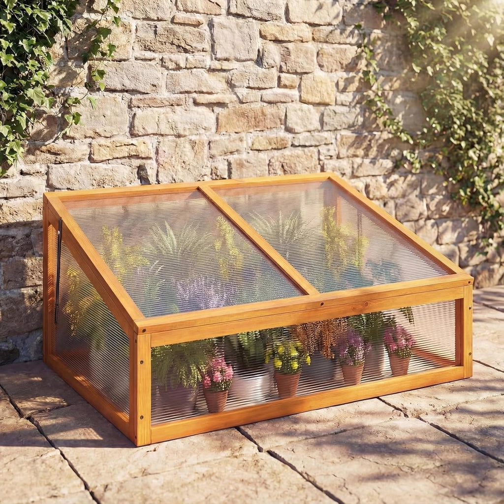 Serra in Legno, Mini Serra con Tetto Trasparente Apribile, Letto Rialzato da Interno ed Esterno per Balcone, Giardino e Veranda (Arancione)