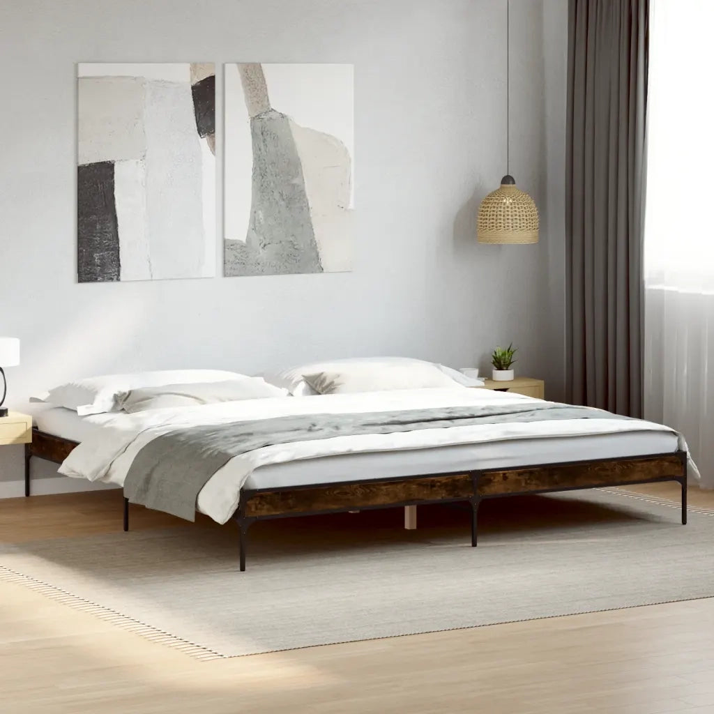 Letto matrimoniale | Letto per adulti | Giroletto Rovere Fumo 200x200 cm in Legno Multistrato e Metallo