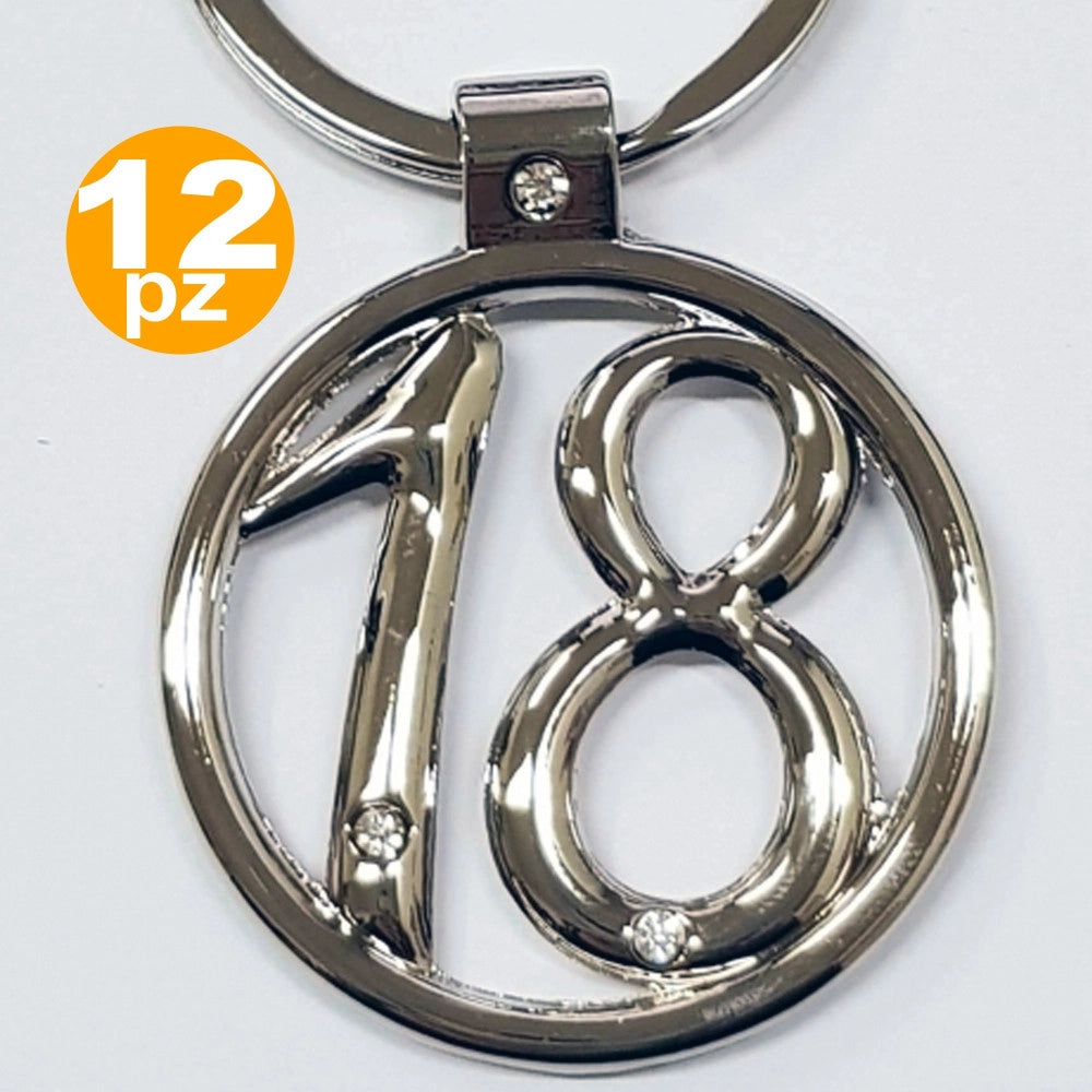 Trade Shop - Set 12 Bomboniera Bomboniere Acciaio Brillantini 18 Anni Compleanno Portachiavi -