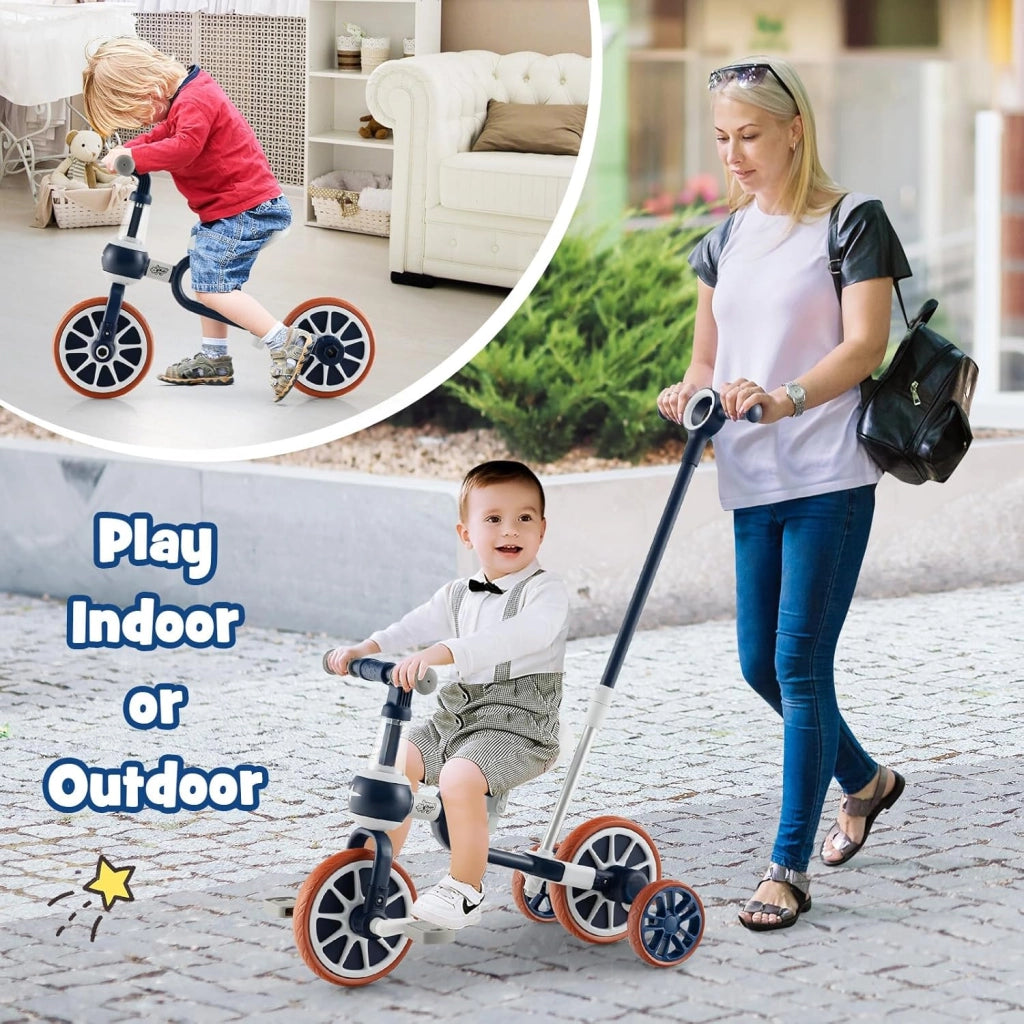 4 in 1 Triciclo Evolutivo per Bambini, Bicicletta Bambini con Manico a Spinta Regolabile in 4 Posizioni, Sellino in 2 Posizioni, Pedali Rimovibili, per Bambini e Bambine da 1 Anno + (Blu)