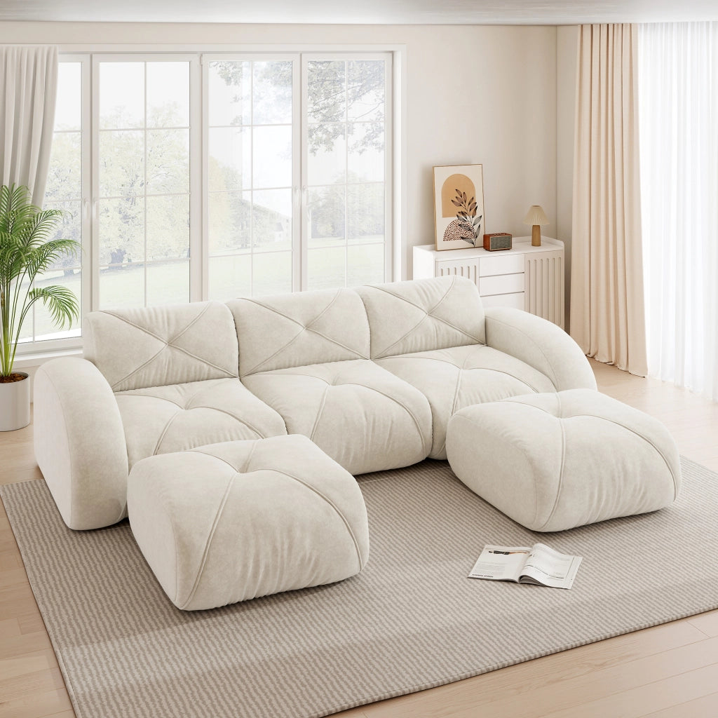 Divano panoramico a U modulare 3 posti senza telaio con 2 pouf in ciniglia beige chiaro 281 × 171 × 76 cm