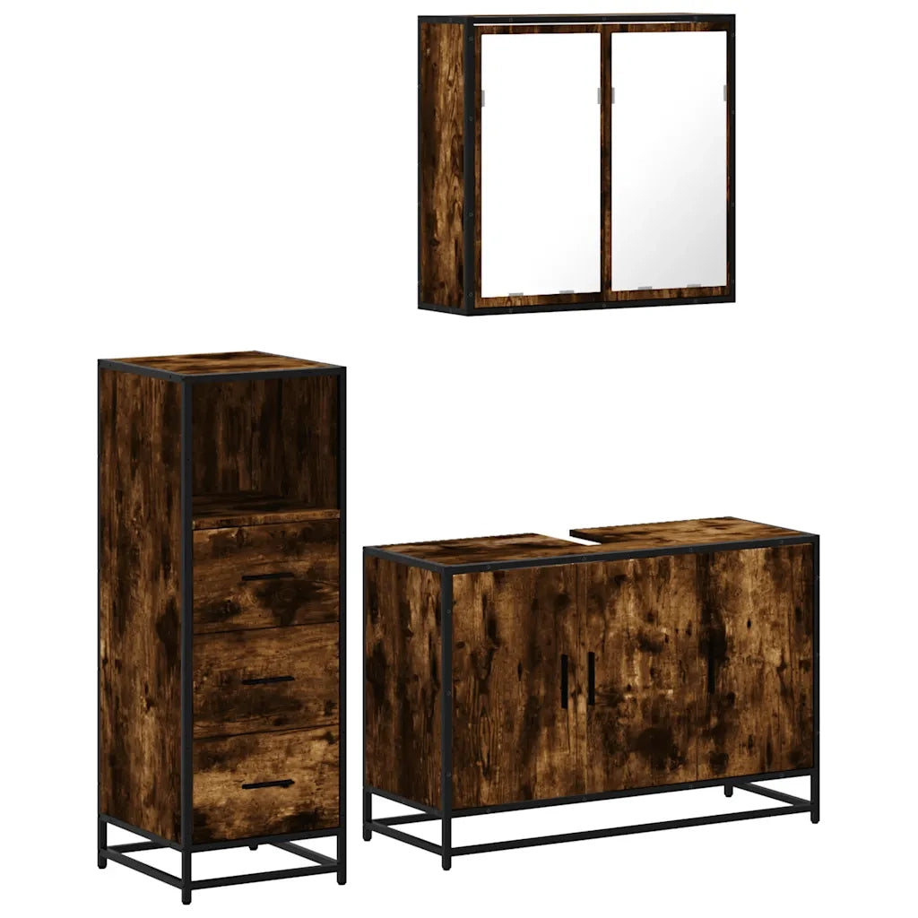 Set Mobili da Bagno 3 pz Rovere Fumo in Legno Multistrato