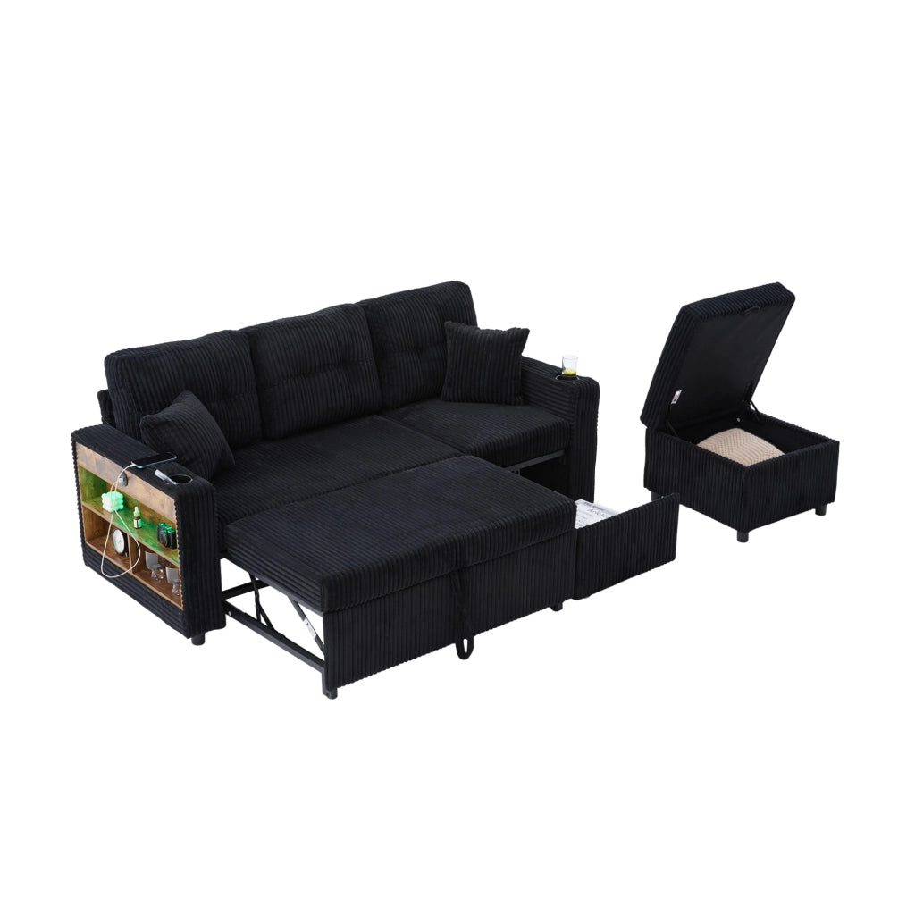 Divano letto con contenitore e USB-C 196x82-144x85 cm in corduroy nero con LED