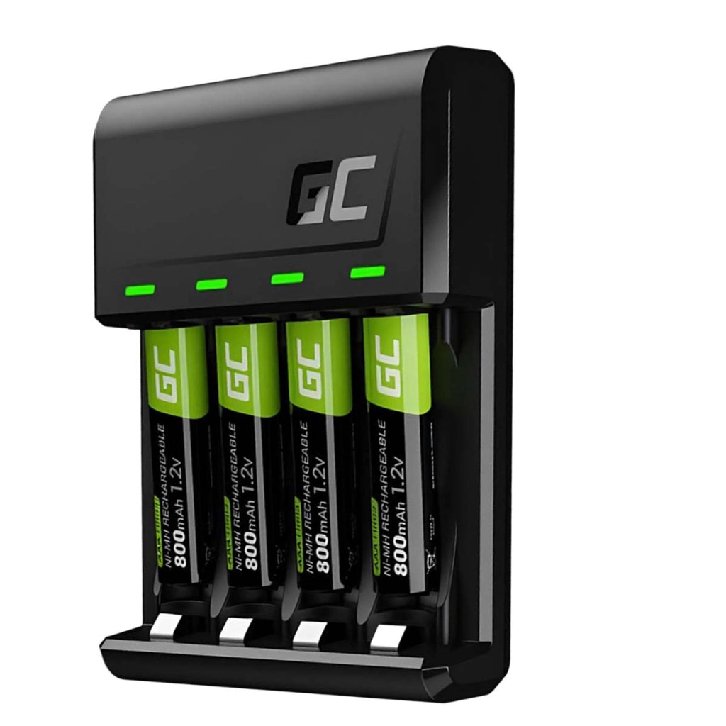 Caricabatterie più 4x Batterie Ricaricabili AA 800mAh Ni-MH Nero Green Cell