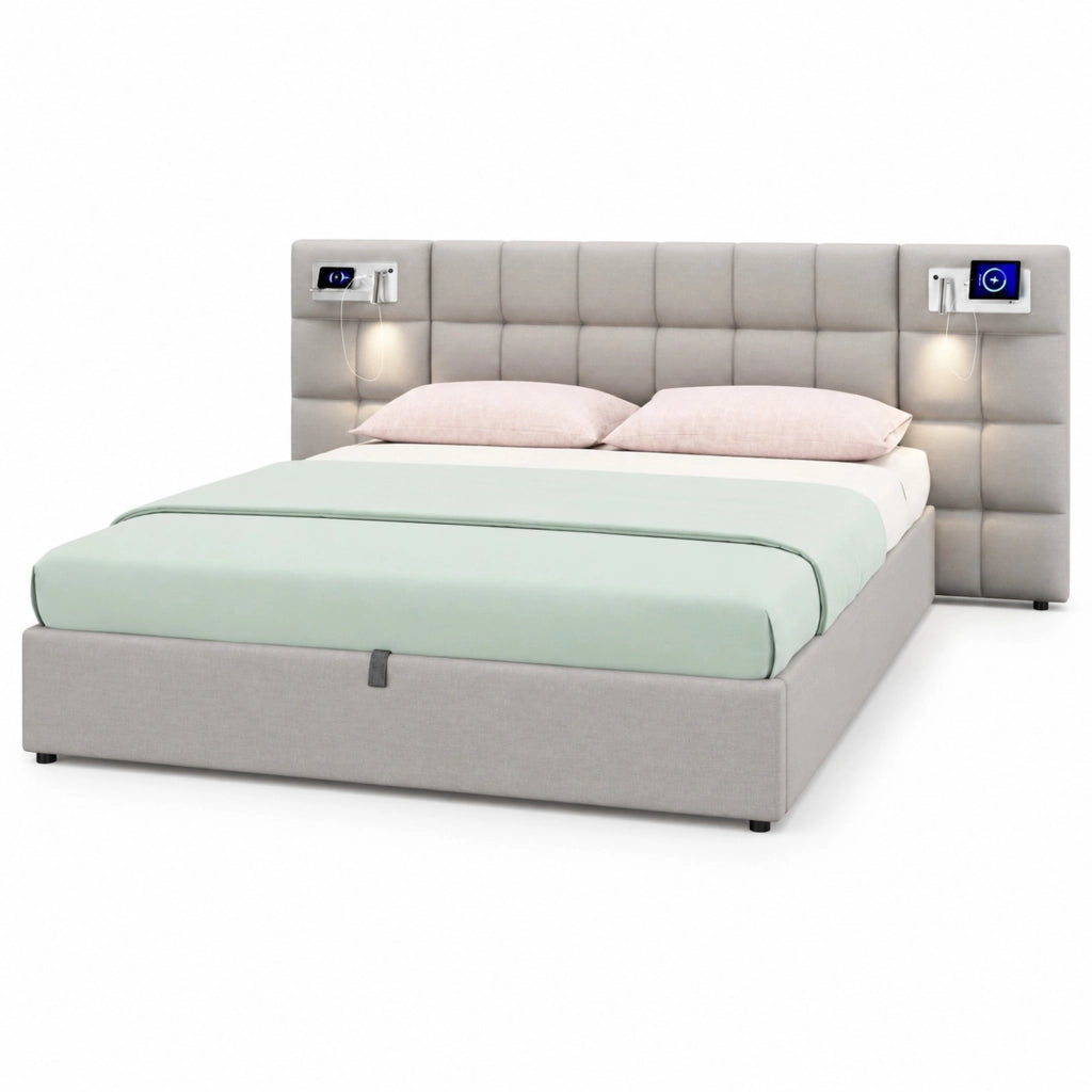 Letto imbottito 180x200 cm con USB, ricarica wireless, luce integrata e contenitore idraulico, grigio