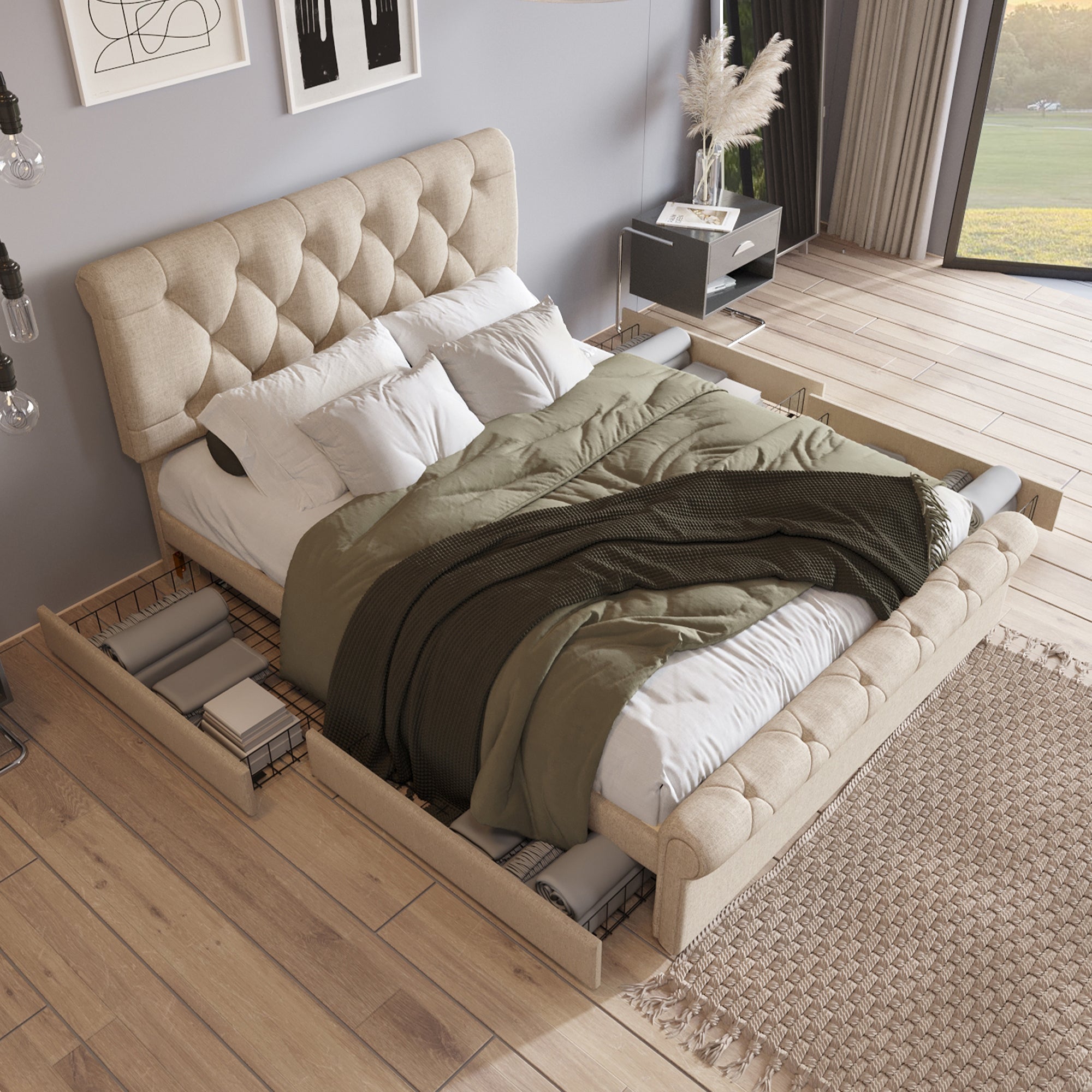 Letto imbottito 140x200 - Xylo - 4 cassetti, schienale regolabile