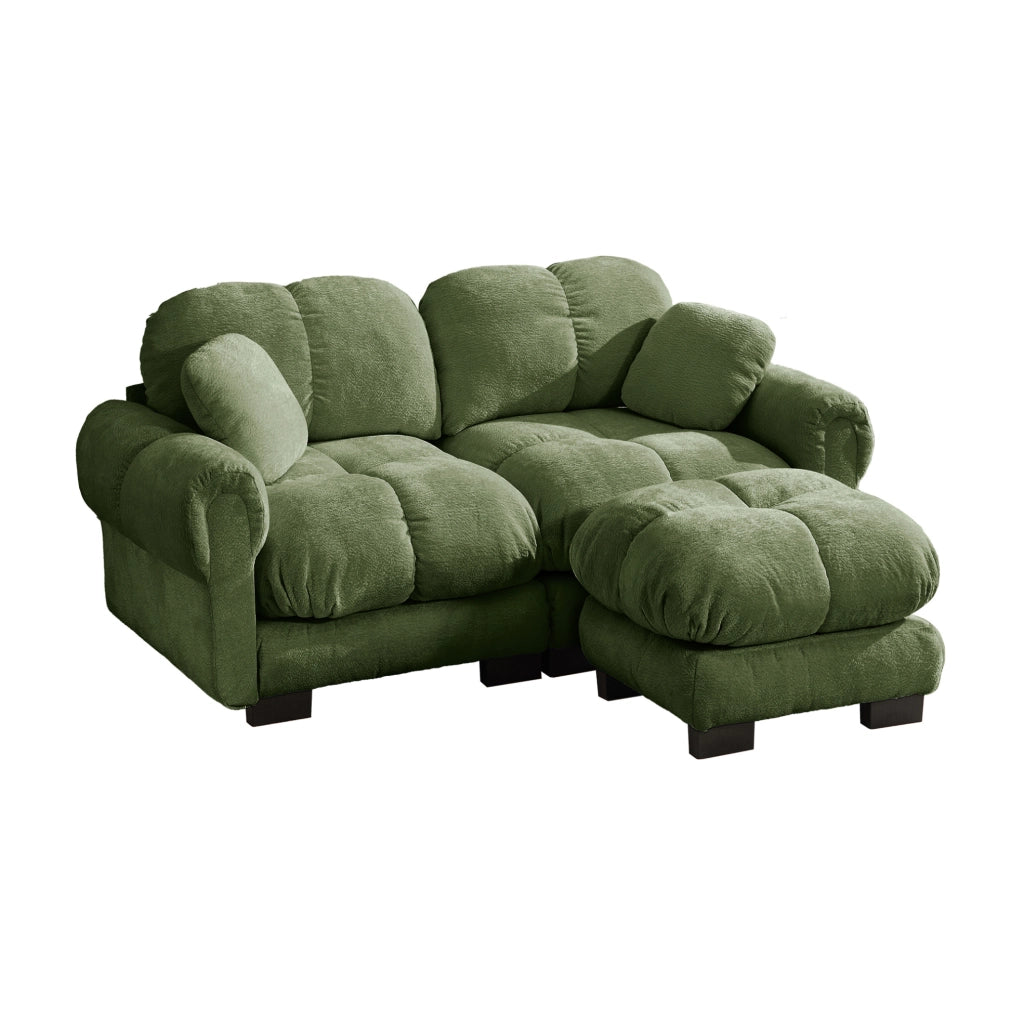 Divano modulare angolare a 2 posti in Chenille verde con ottomana mobile, design a trapunta e cuscini spessi