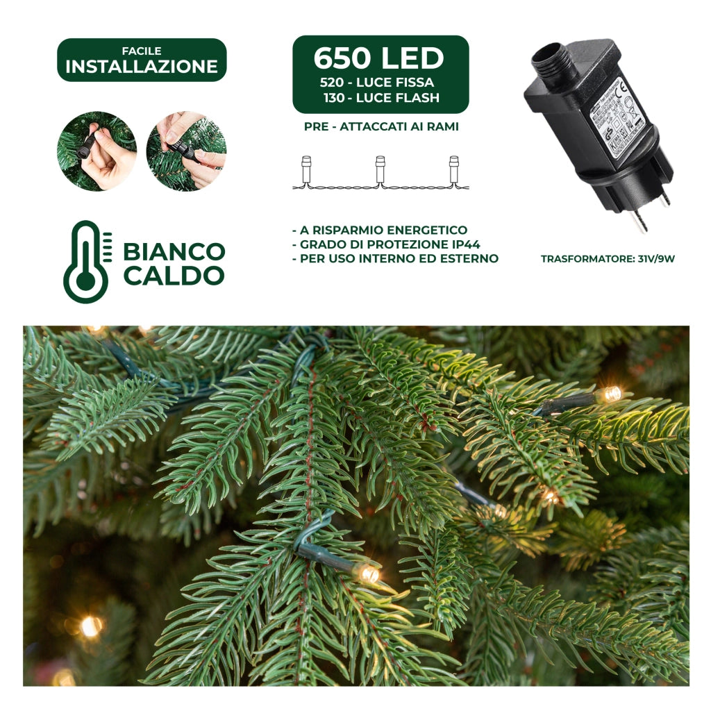 Albero di Natale Artificiale Verde Le Stelle Sestriere H 240cm x L 160cm Super Folto con 650 Luci Led + 20 Luci Flash Incorporate 3946 Rami