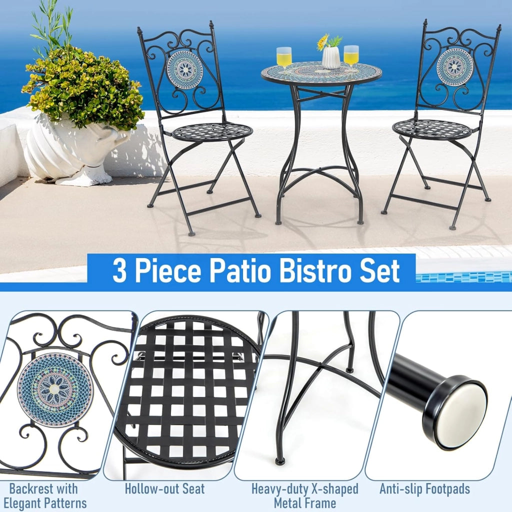 Set di 2 sedie a mosaico per esterni, sedie da bistro con seduta e schienale esauriti, telaio in metallo, set di sedie pieghevoli con motivi a mosaico per terrazza, patio, giardino