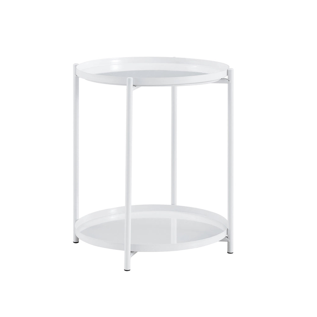 Tavolino laterale rotondo 42x52 cm a 2 ripiani in MDF e metallo bianco