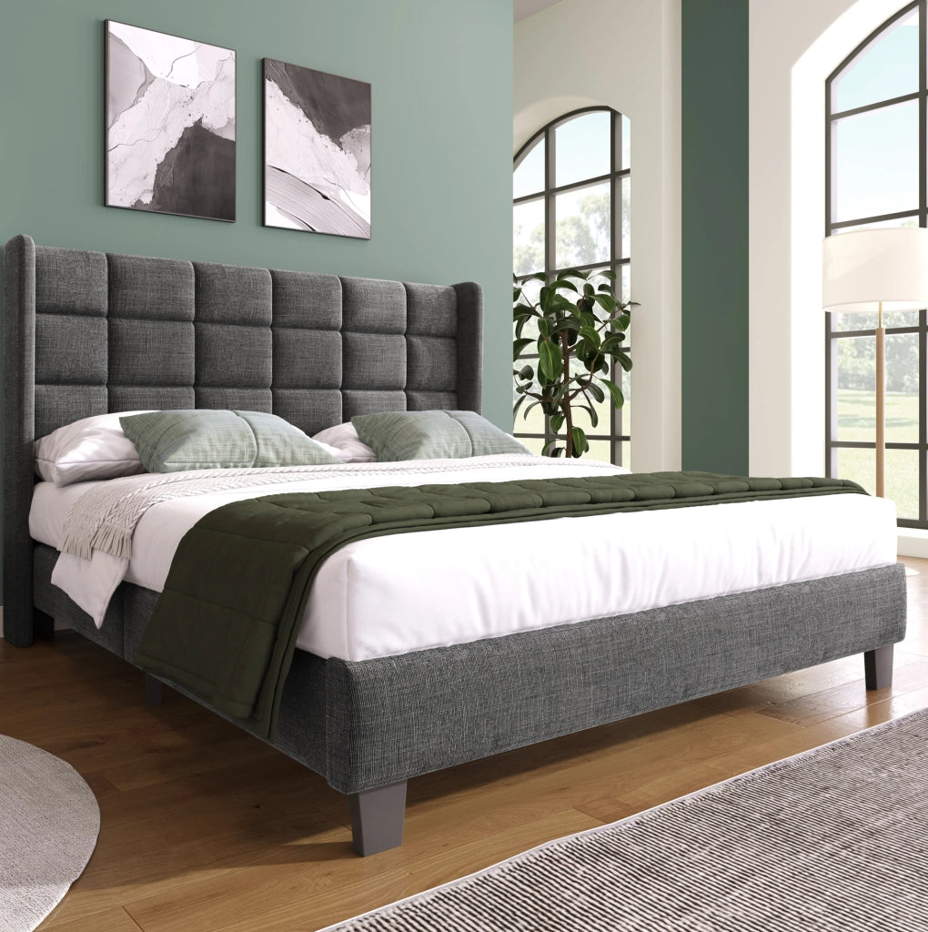 Letto imbottito 140x200 cm in grigio con rete a doghe e testiera alta