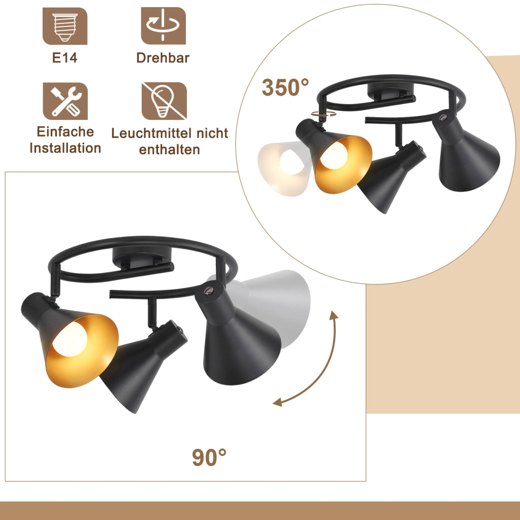 ZMH Faretto da soffitto neri E14 girevoli 350° stile industriale retrò metallo per cucina camera letto corridoio