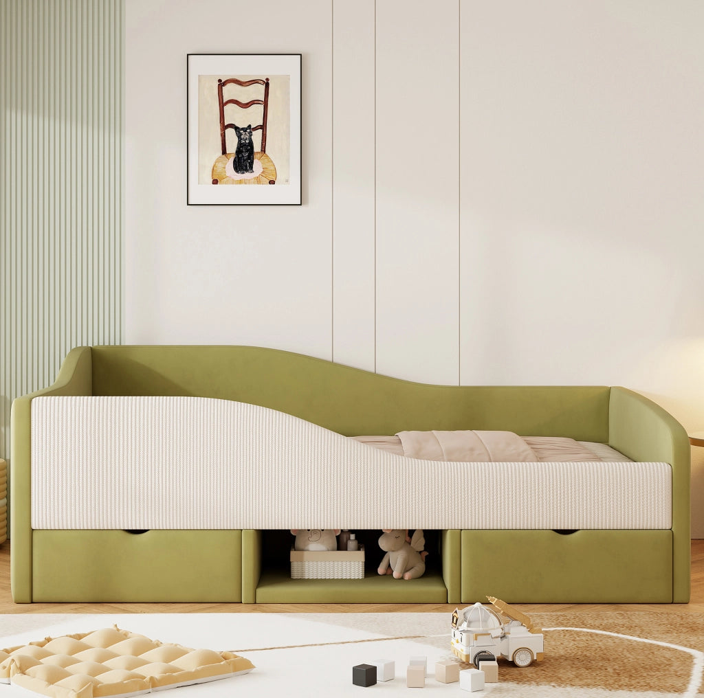 Letto imbottito 90x190 cm con sponde e contenitore in velluto verde e avorio