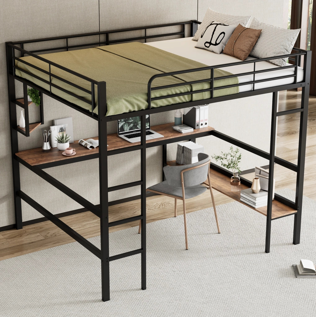 Letto a soppalco in metallo con scrivania e libreria 140x200 cm