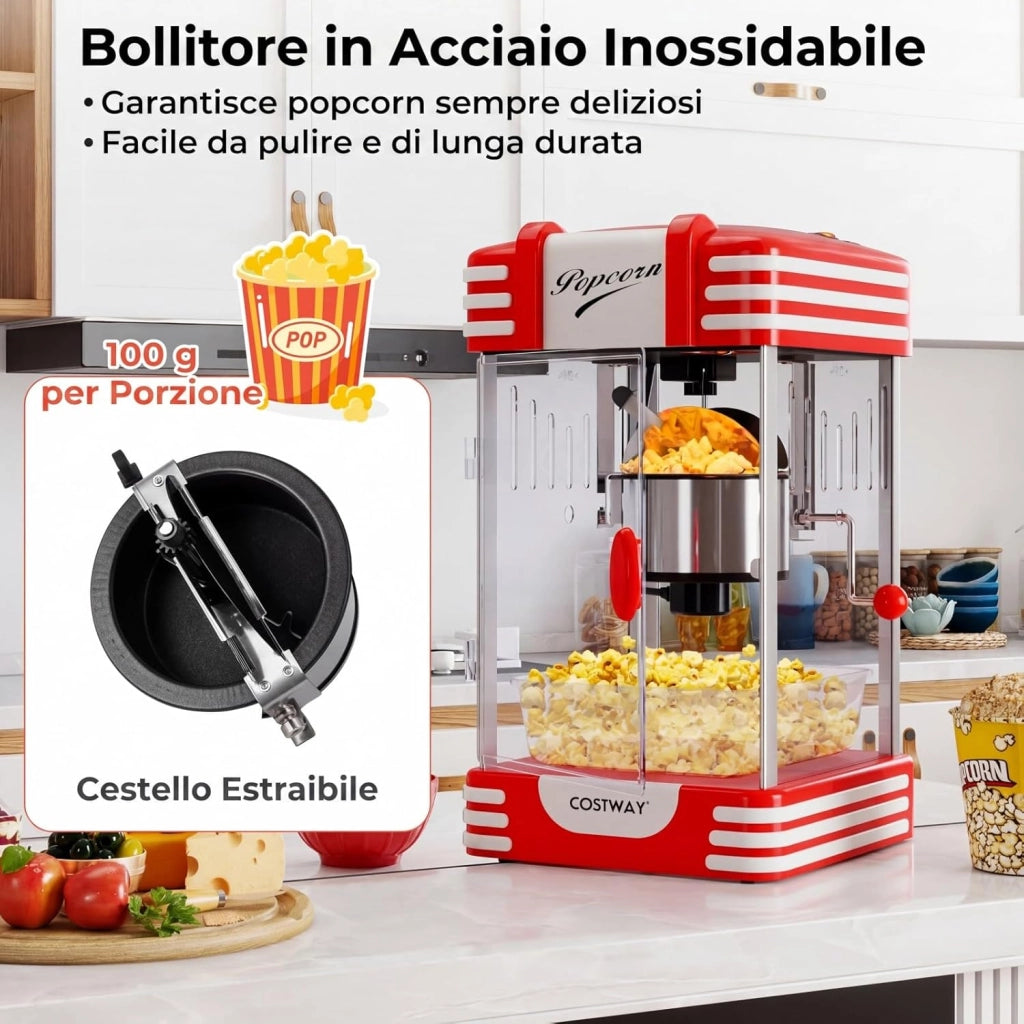 Macchina per Pop Corn per Casa, Macchina Popcorn in 3-5 Minuti con Contenitore in Acciaio Inox e Cucchiai per Chicchi e Olio, Condimento Personalizzato, Stile Cinema
