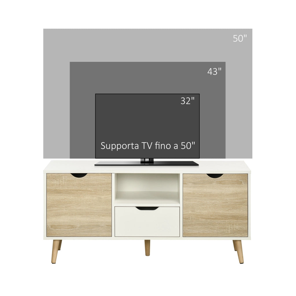 Mobile TV Moderno in Truciolato con Cassetti e Ripiani Aperti ¨C zephmum ¨C Bianco e Legno 110x40x50 cm