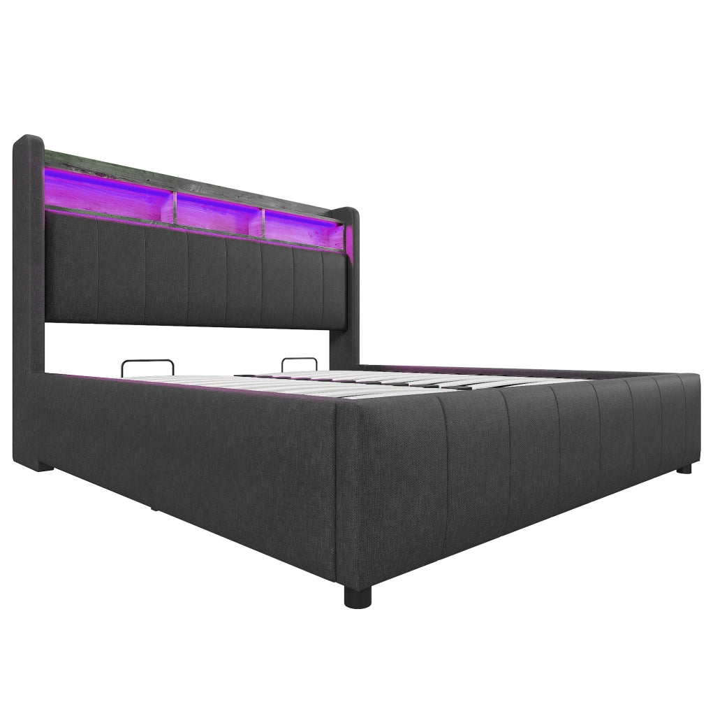 Letto imbottito grigio 160 x 200 cm con LED, ricarica e vano contenitore