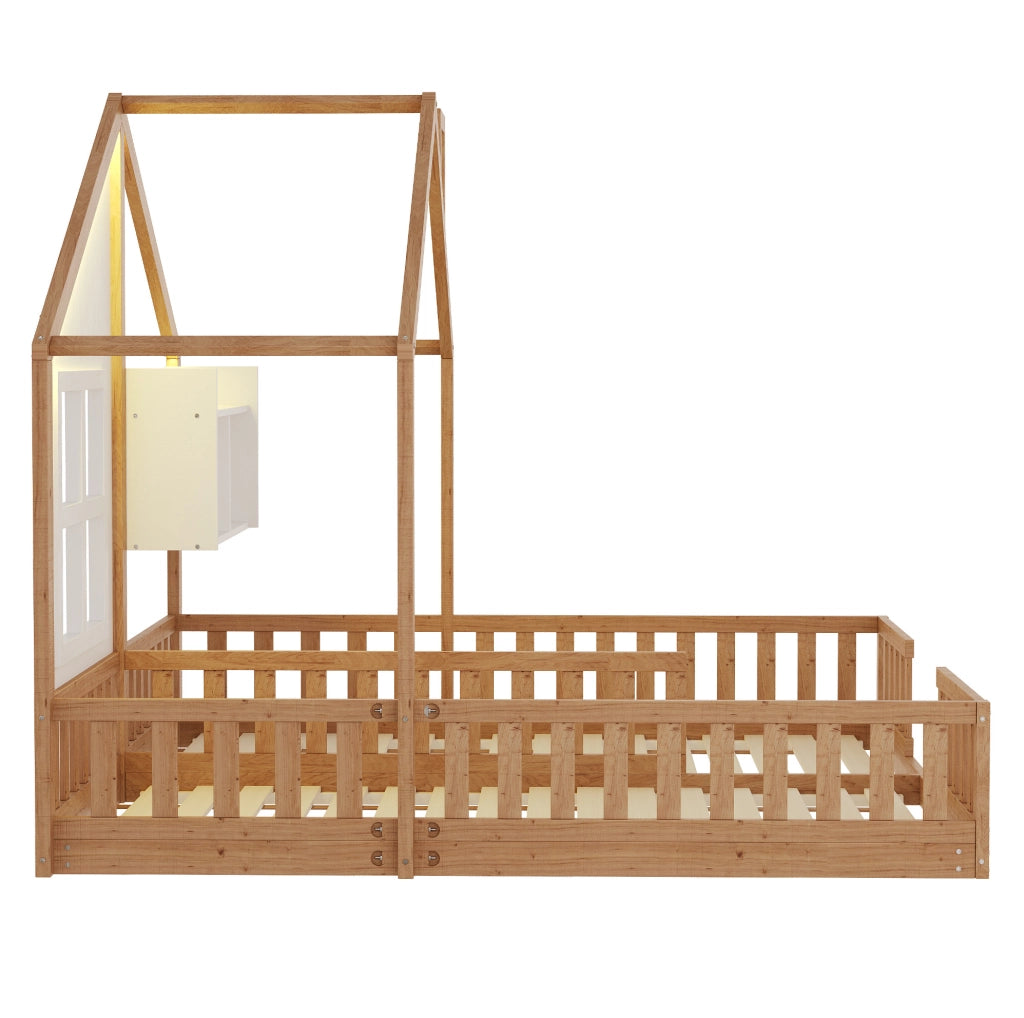 Letto doppio per bambini 2x90x200 cm con LED, ripiani e sponde in legno naturale