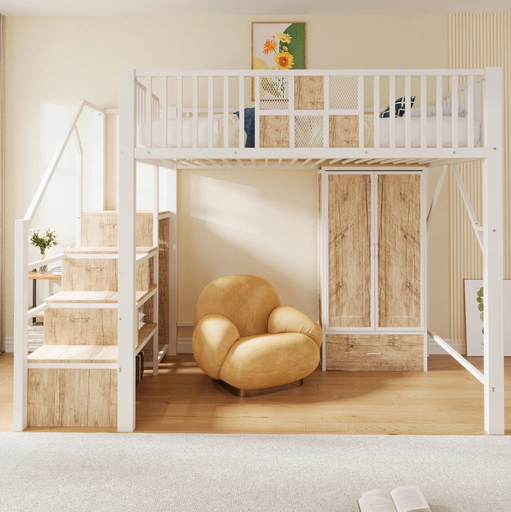 Letto a soppalco 140x200 cm con armadio e scala contenitore