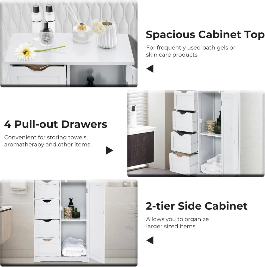 Armadietto portaoggetti con ripiano regolabile, armadio da bagno con 4 cassetti e 1 anta, 56 x 30 x 82 cm, con chiusura ribaltabile, per soggiorno, cucina (bianco), SE09884MTDE