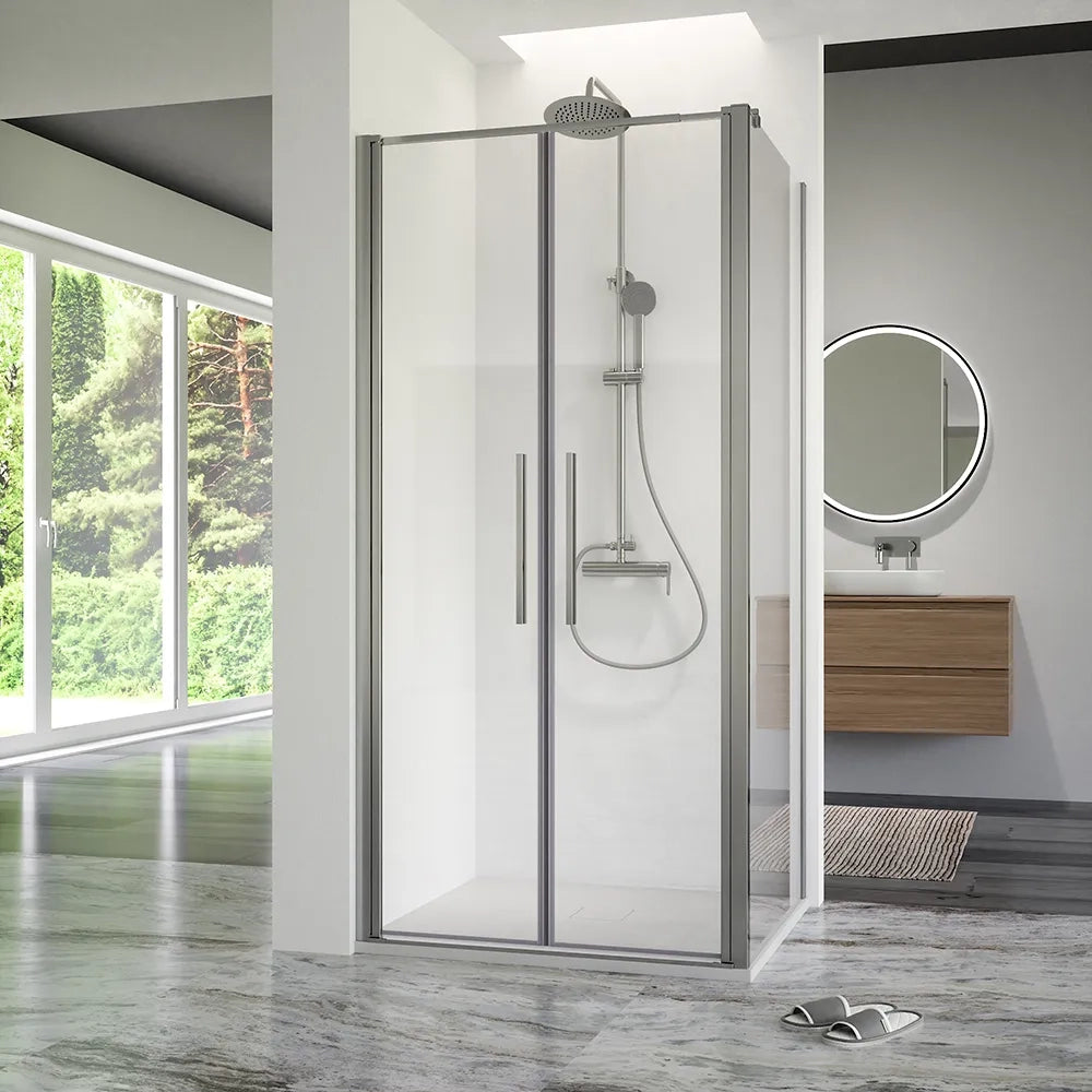 Box doccia 80x70cm con apertura saloon e parete fissa, profili cromati e vetro da 6mm trasparente h195 | Elba