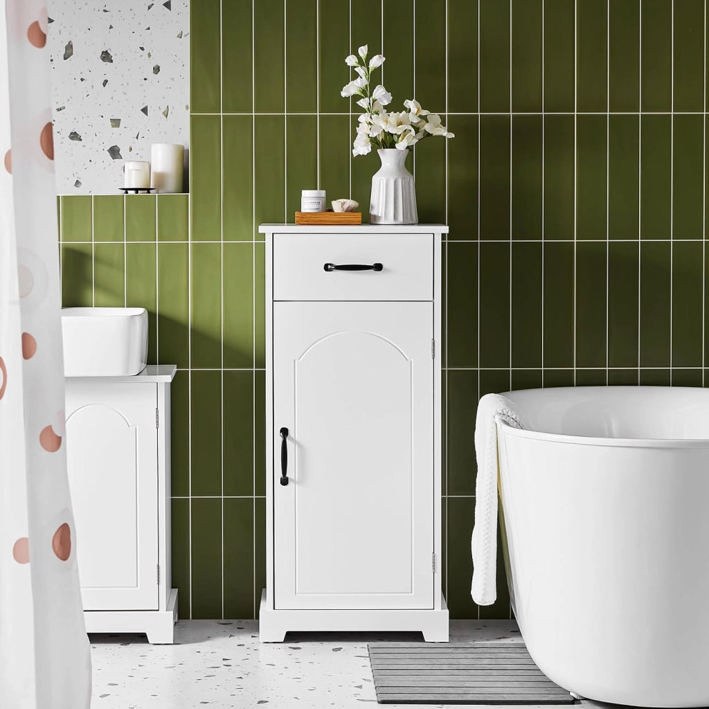 Mobiletto Bagno Salvaspazio – Mobiletto Bagno Stretto con Cassetti e Ripiani Regolabili, Cassettiera nel legno, Resistente all'Umidità, Bianco, 42x30x93cm, BZR207-W