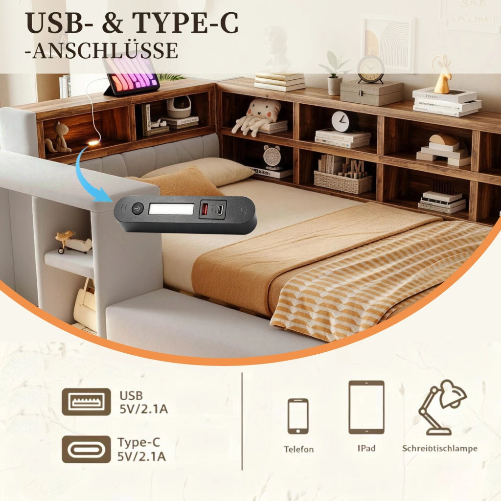 Letto imbottito 90 x 200 cm con contenitore; LED e prese integrate; grigio chiaro