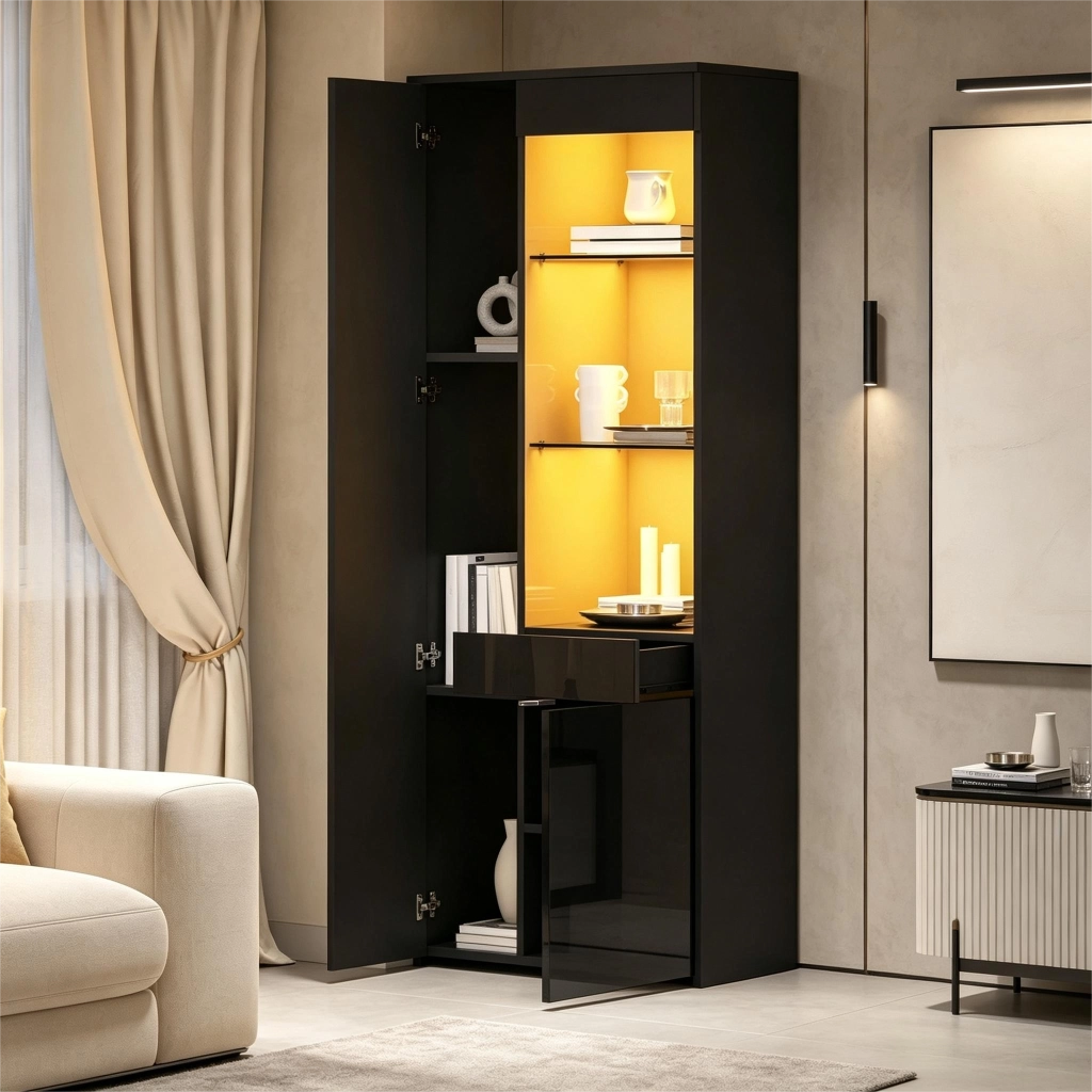 Vetrina alta 70 x 35 x 180 cm con 2 ante, cassetto, LED e finitura nero lucido
