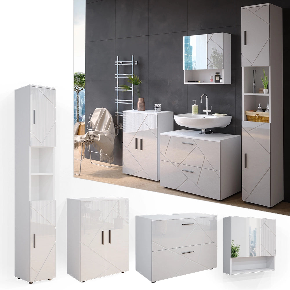 Vicco Set mobili bagno Bianco lucido 4 pezzi, con cassettiera e mobile midi
