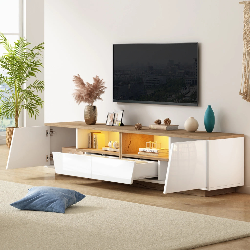 TAVOLO TV 180x40x46 cm con 2 cassetti, 2 ante, LED, bianco