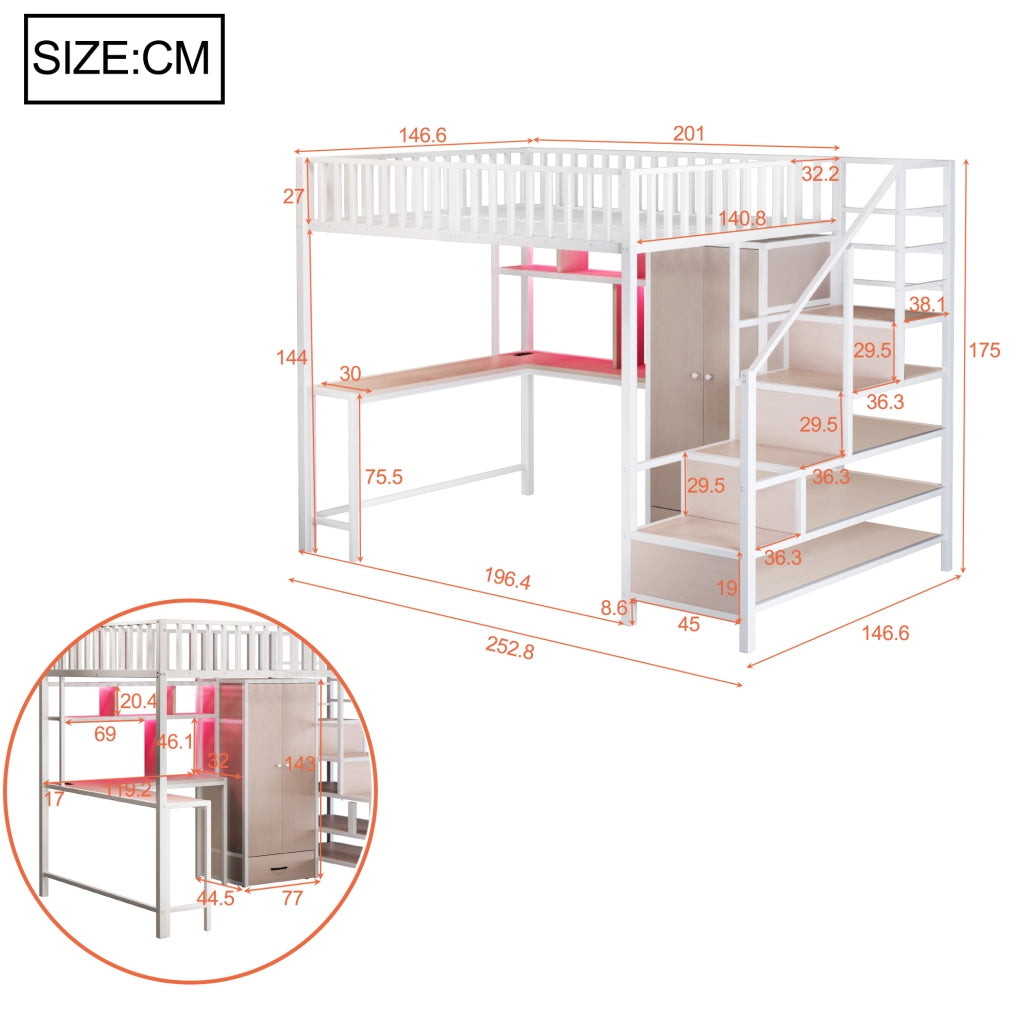 OKWISH Letto a Soppalco 140×200 cm, Letto Matrimoniale con Scrivania, Armadio, Mensole, Porte USB e Tipo C, LED Regolabile, senza Materasso, Bianco