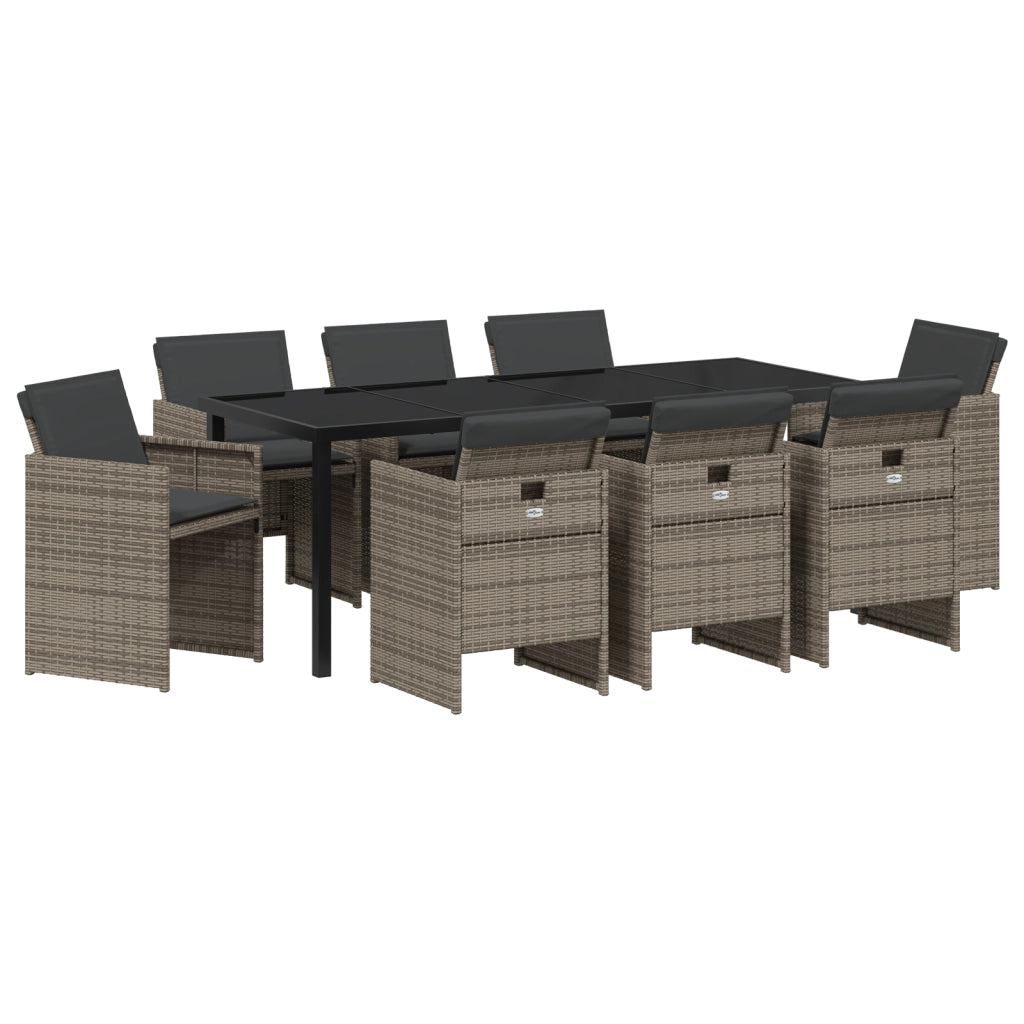 Set da Pranzo Giardino 9 Pezzi con Cuscini Grigio Polyrattan