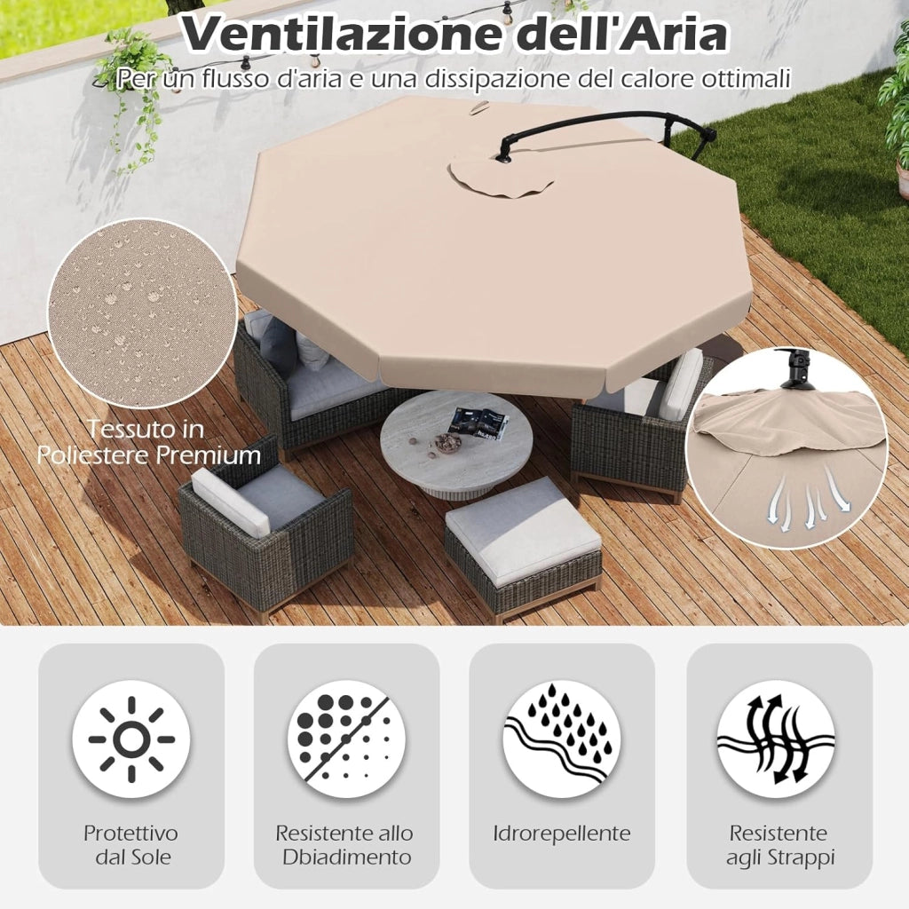 Ombrellone da Giardino 290 cm a Braccio | Inclinazione Regolabile, Manovella, 8 Stecche, Telo Solare, Copertura Inclusa (Beige, Non Base)