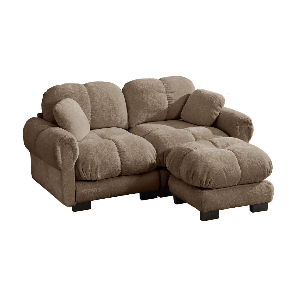 Divano angolare modulare 2 posti con pouf mobile e cuscini trapuntati in chenille marrone